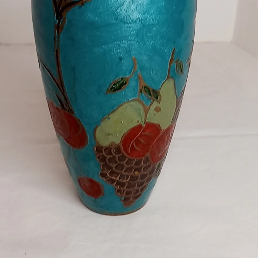 MCM Vintage Hand Painted Floral And Fruit Brass Vase